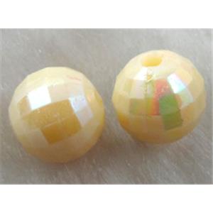 Resin Beads, faceted round, lt.yellow AB-Color, 14mm dia, approx 740pcs