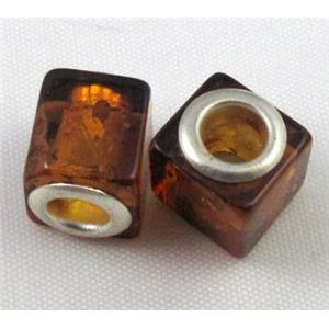 Amber Beads, NR, cube, coffee, 10x10x10mm, 5mm hole