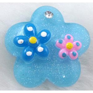Resin Cabochon, flower, flat-back, blue, approx 29mm dia