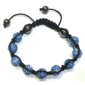 Bracelet, fimo polymer clay beads paved mid-east rhinestone, blue, 10mm dia, approx 7-9 Inch length