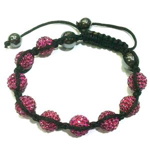 Bracelet, fimo polymer clay beads paved mid-east rhinestone, hotpink, 10mm dia, approx 7-9 Inch length