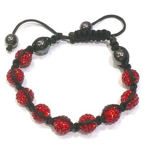 Bracelet, polymer clay beads paved mid-east rhinestone, red, 10mm dia, approx 7-9 Inch length