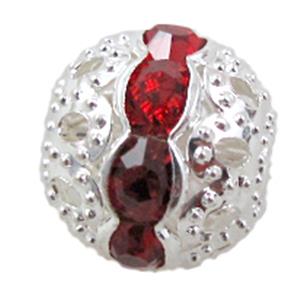 Rhinestone, copper round bead, silver plated, red, 10mm dia