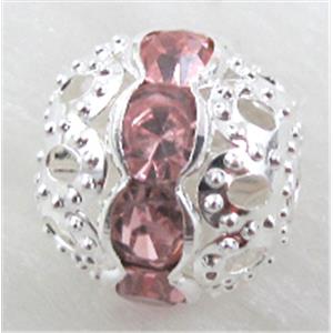 Rhinestone, copper round bead, silver plated, pink, 6mm dia