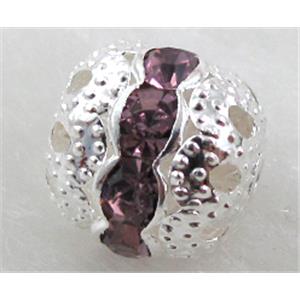 Rhinestone, copper round bead, silver plated, lavender, 8mm dia