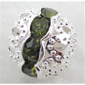 Rhinestone, copper round bead, silver plated, deep green, 6mm dia