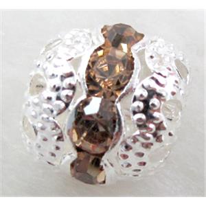 Rhinestone, copper round bead, silver plated, champagne, 10mm dia