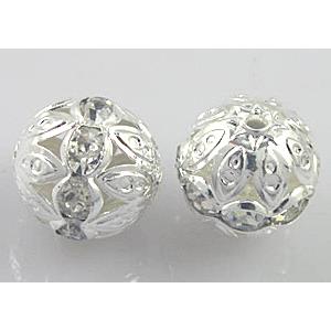 Rhinestone, round copper bead, silver plated, 6mm dia
