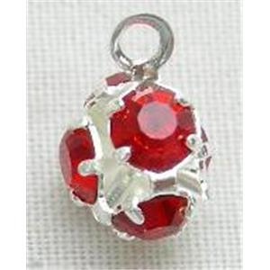 Red Round Ball Middle East Rhinestone Pendant, silver plated, 6mm dia