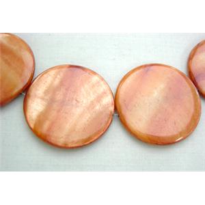 freshwater shell beads, flat-round, pink, 30mm dia,13bead per st