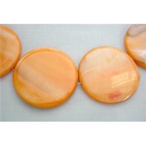 freshwater shell beads, flat-round, orange, 35mm dia.11beads per st