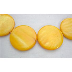 freshwater shell beads, flat-round, yellow, 12mm dia,33beads per st