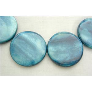 freshwater shell beads, flat-round, ink-blue, 35mm dia, 11bead per st