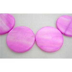 freshwater shell beads, flat-round, hot-pink, 30mm dia, 13bead per st