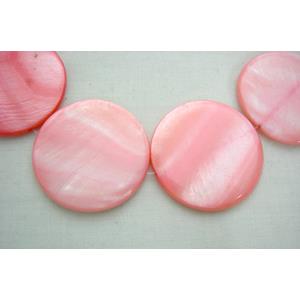 freshwater shell beads, flat-round, pink, 25mm dia, 16bead per st
