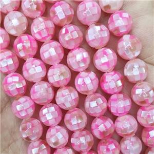 Round MOP Shell Beads Hotpink Dye Faceted, approx 14mm dia