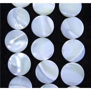 white mother of pearl bead, flat round, approx 12mm dia