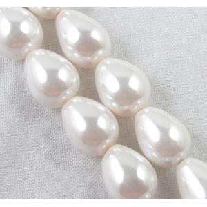 Pearlized Shell Beads, teardrop, white, approx 10x35mm, 11pcs per st