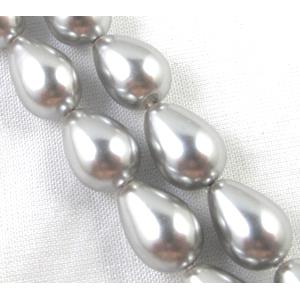 Pearlized Shell Beads, teardrop, grey, approx 10x12mm, 33pcs per st