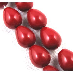 Pearlized Shell Beads, teardrop, deep-red, approx 10x35mm, 11pcs per st