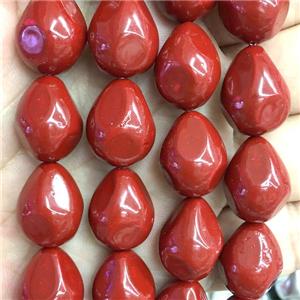 red pearlized shell beads, teardrop, approx 14-18mm