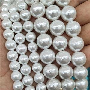 Baroque Style White Pearlized Shell Round Beads Hammered, approx 14mm dia