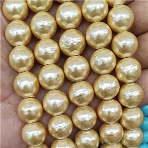 Baroque Style Pearlized Shell Beads Round Golden Hammered, approx 14mm