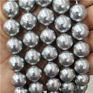 Baroque Style Pearlized Shell Beads Round Silver Gray Hammered, approx 14mm