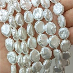 Baroque Style White Pearlized Shell Coin Beads, approx 13-15mm