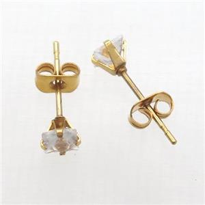 stainless steel Stud Earrings with rhinestone, gold plated, approx 4mm