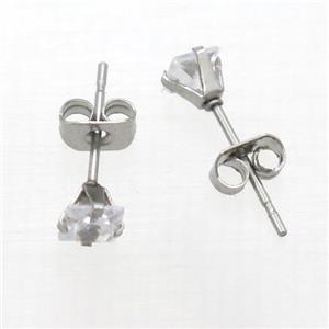 raw stainless steel Stud Earrings with rhinestone, approx 4mm
