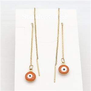 stainless steel Wire Earring with orange enamel Evil Eye, gold plated, approx 1mm, 8mm, 11cm length