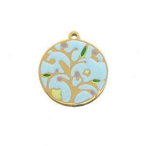 Stainless Steel Circle Pendant Tree Of Life Multicolor Enamel Gold Plated, approx 16.5mm dia