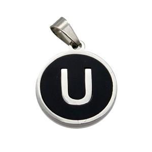 Raw Stainless Steel Pendant Pave Black Agate Letter-U, approx 15mm dia