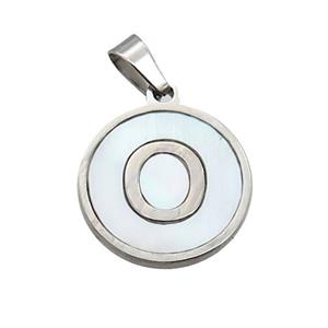 Raw Stainless Steel Pendant Pave White Shell Letter-O, approx 15mm dia