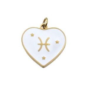 Stainless Steel Heart Pendant White Enamel Zodiac Pisces Gold Plated, approx 15mm