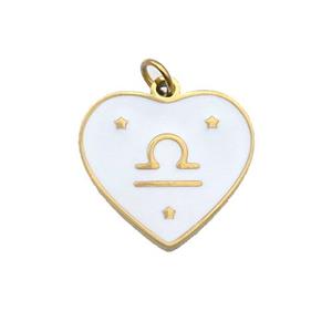 Stainless Steel Heart Pendant White Enamel Zodiac Libra Gold Plated, approx 15mm