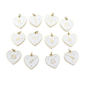 Stainless Steel Heart Pendant White Enamel Mixed Zodiac Gold Plated, approx 15mm