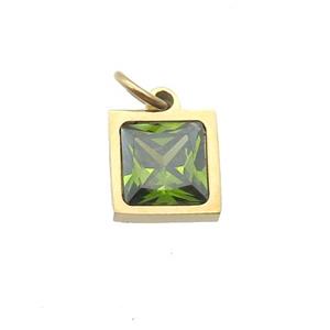 Stainless Steel Square Pendant Pave Olive Zircon Gold Plated, approx 6x6mm