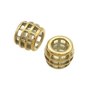 Stainless Steel Barrel Beads Large Hole Hollow Gold Plated, approx 10-12mm, 7mm hole