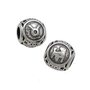 Stainless Steel Round Beads Zodiac Taurus Antique Silver, approx 9-10mm, 4mm hole