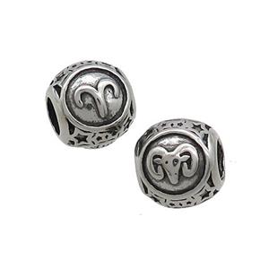 Stainless Steel Round Beads Zodiac Aries Antique Silver, approx 9-10mm, 4mm hole