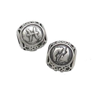 Stainless Steel Round Beads Zodiac Pisces Antique Silver, approx 9-10mm, 4mm hole
