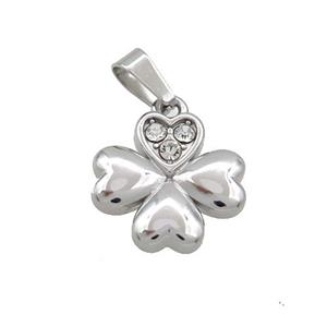 Raw Stainless Steel Clover Charms Pendant Pave Rhinestone, approx 14mm
