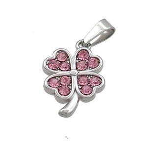 Raw Stainless Steel Clover Charms Pendant Pave Pink Rhinestone, approx 12-14mm