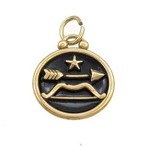 Stainless Steel Sagittarius Zodiac Charms Pendant Circle Black Enamel Gold Plated, approx 17mm dia