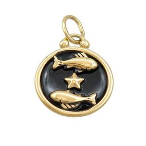 Stainless Steel Pisces Zodiac Charms Pendant Circle Black Enamel Gold Plated, approx 17mm dia