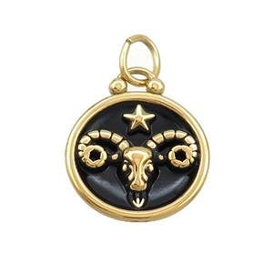 Stainless Steel Aries Zodiac Charms Pendant Circle Black Enamel Gold Plated, approx 17mm dia