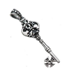 Stainless Steel Key Charms Pendant Pave Rhinestone Antique Silver, approx 12-35mm