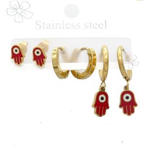Stainless Steel Earrings Hamsahand Evil Eye Gold Plated, approx 6-10mm, 14mm dia
